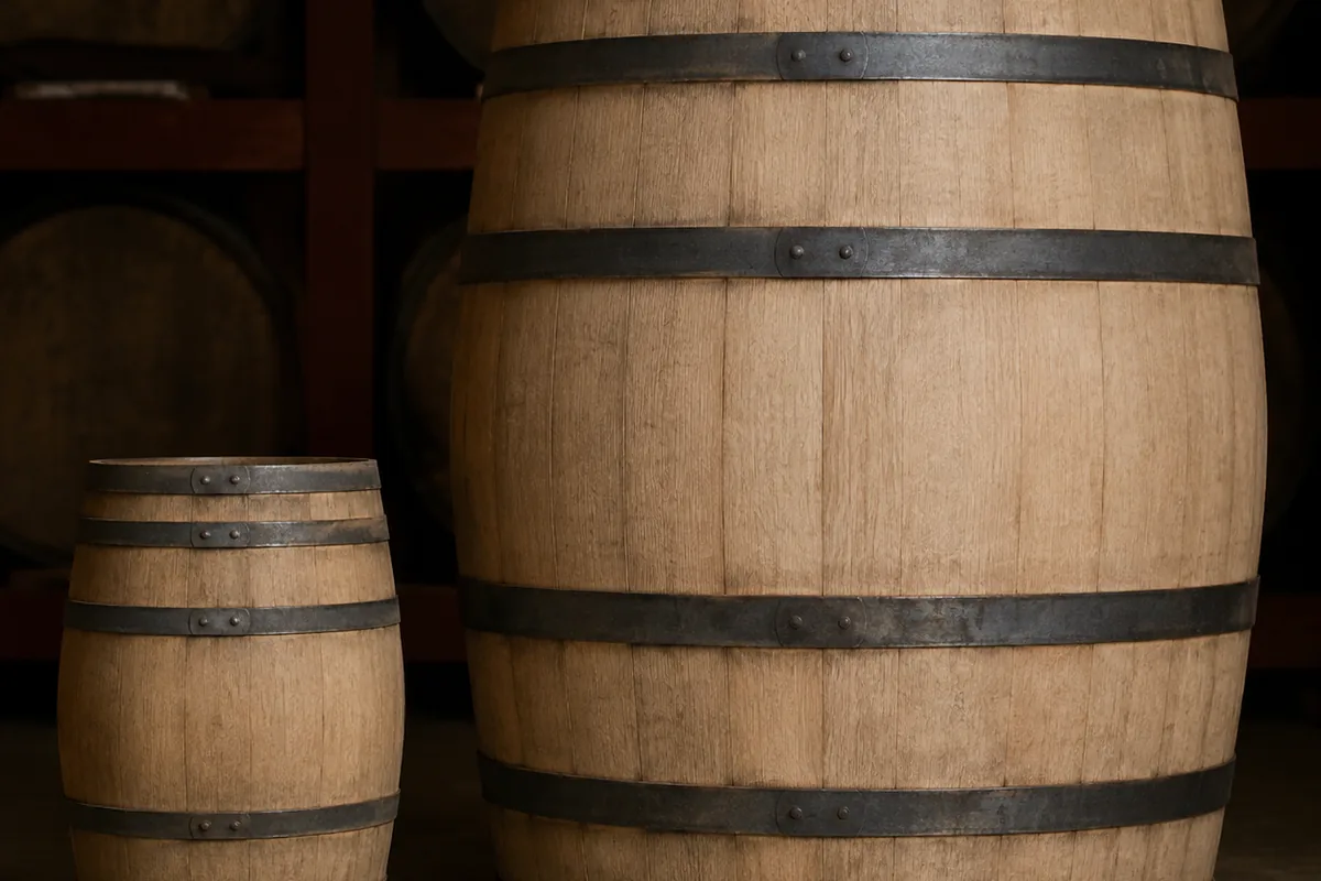 A small whisky barrel standing beside a cask many times its size, both in plain pale wood with iron hoops and no char on either, in a dark cask store.