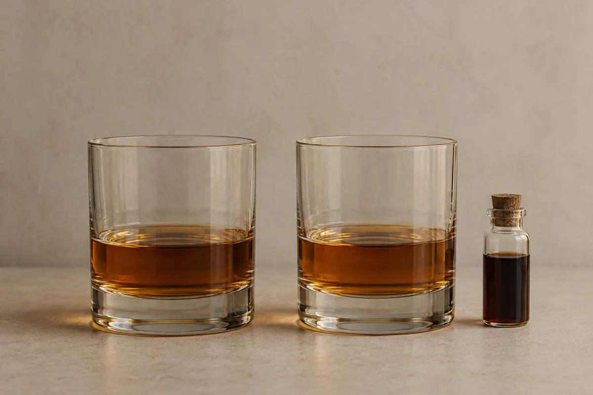 Two identical glasses of whisky side by side with a small stoppered vial standing beside the right hand glass only