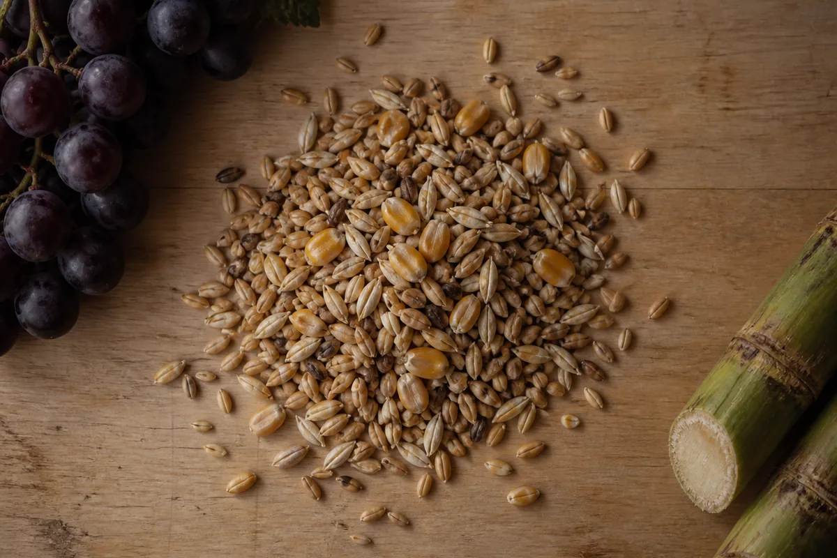 A heap of cereal grain on a bare board with a bunch of grapes and a cut length of sugar cane set apart from it