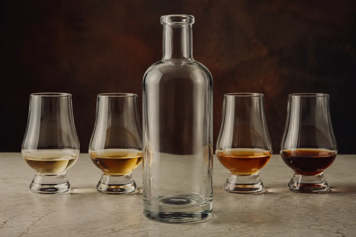 Four small glasses of whisky standing in a row behind one empty bottle, each glass a visibly different depth of colour from pale straw to deep amber.