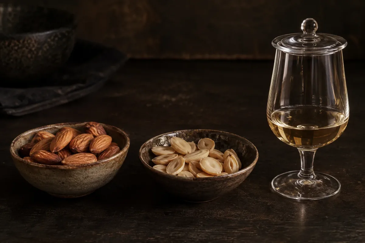 Toasted almonds and stone kernels beside a covered tasting glass