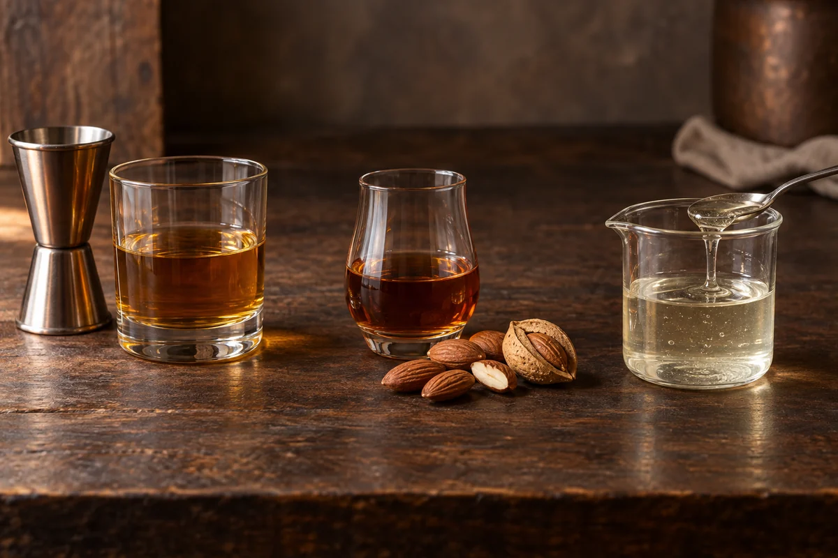 Separated samples of almond liqueur, amaretto-style liqueur, and thick nonalcoholic almond syrup