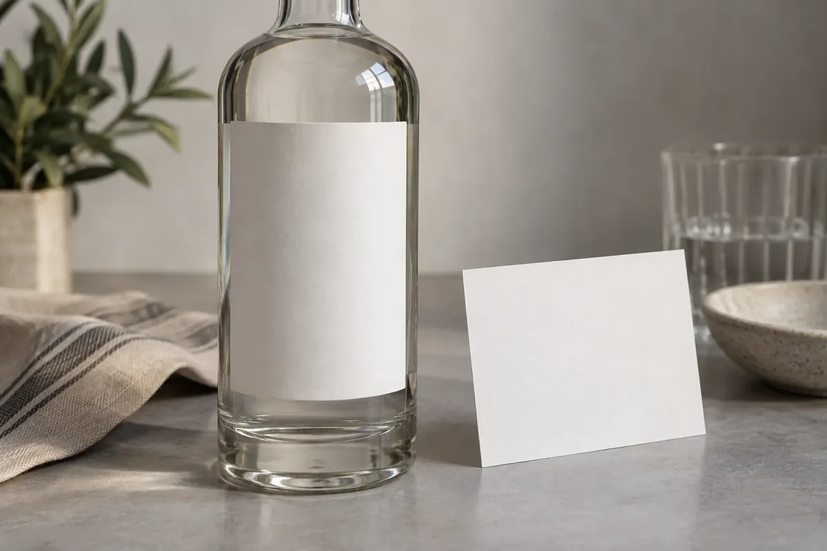 An unbranded bottle back and a separate blank information card shown as places to check product details