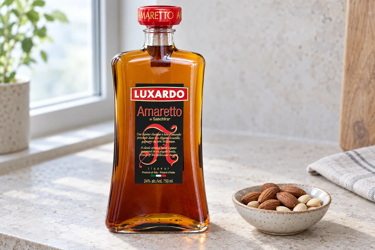 Luxardo Amaretto di Saschira almond liqueur bottle on a pale stone counter beside a small dish of almonds and apricot kernels.