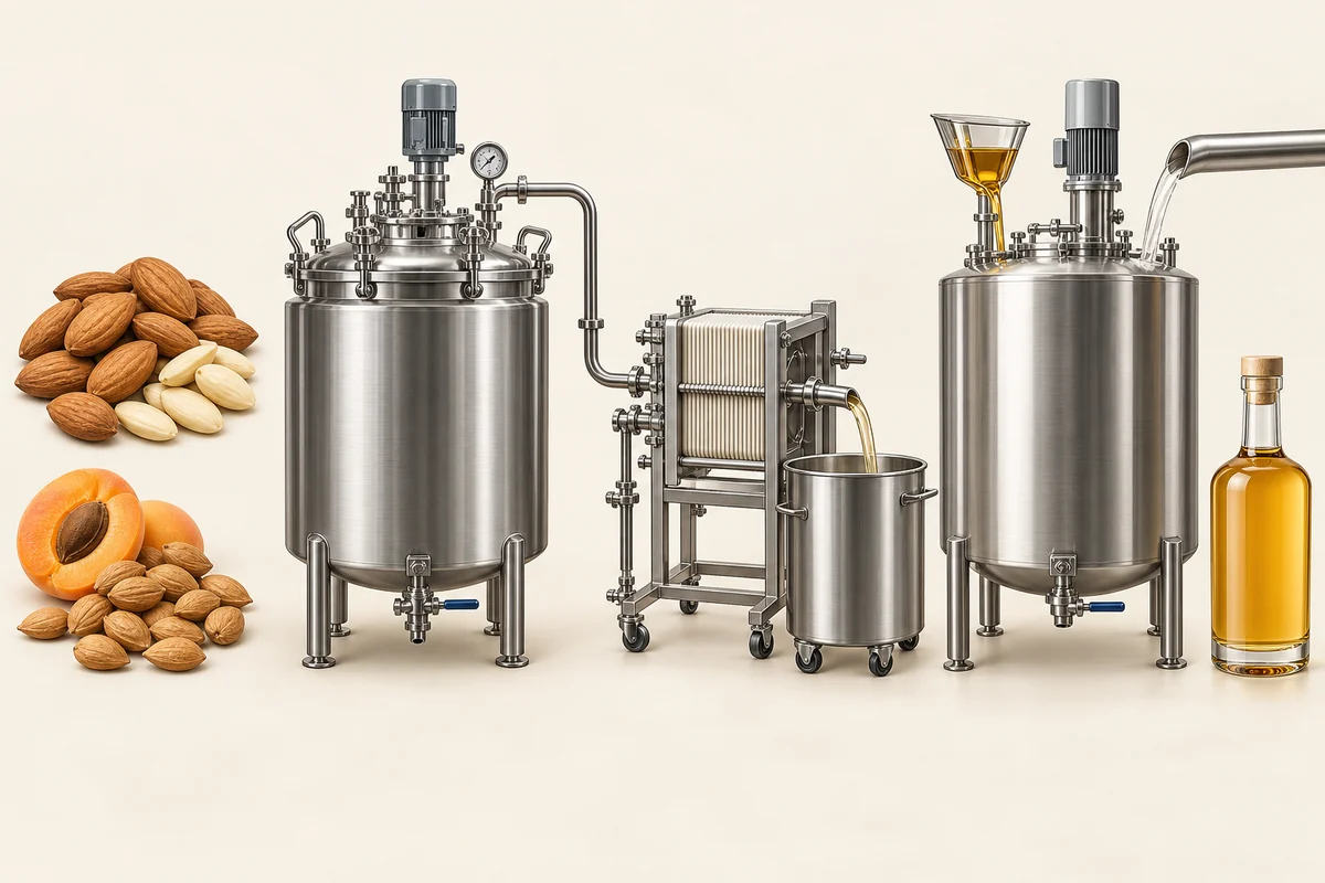 Commercial almond-liqueur stages showing alternative flavour materials, sealed extraction, filtration, and blending equipment