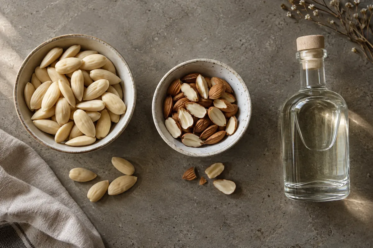 Blanched almonds, split stone kernels, and an unbranded infusion vessel shown as separate flavour routes