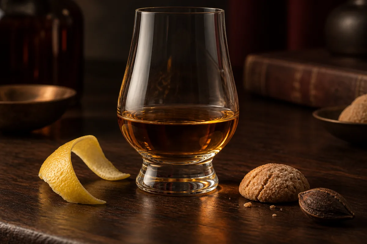 A small measured amaretto pour balanced with a dry clear spirit and citrus peel
