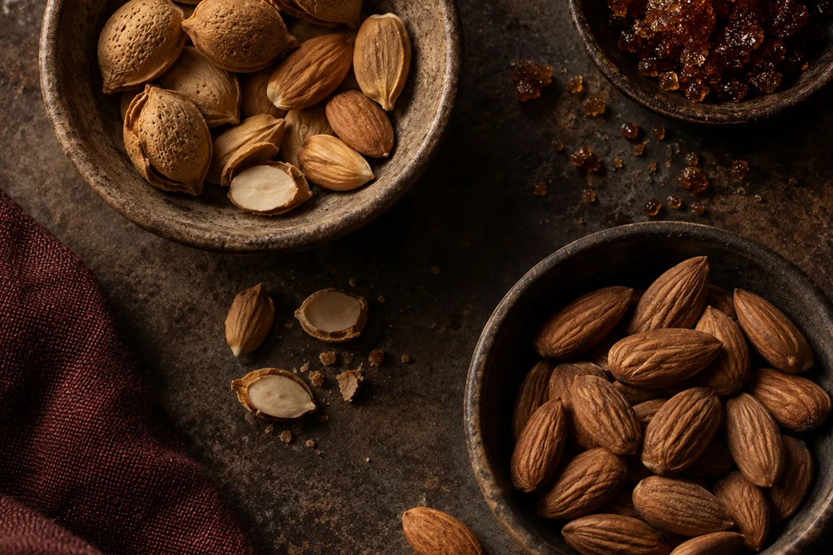 Almonds and apricot kernels arranged separately beside a small unbranded liqueur glass