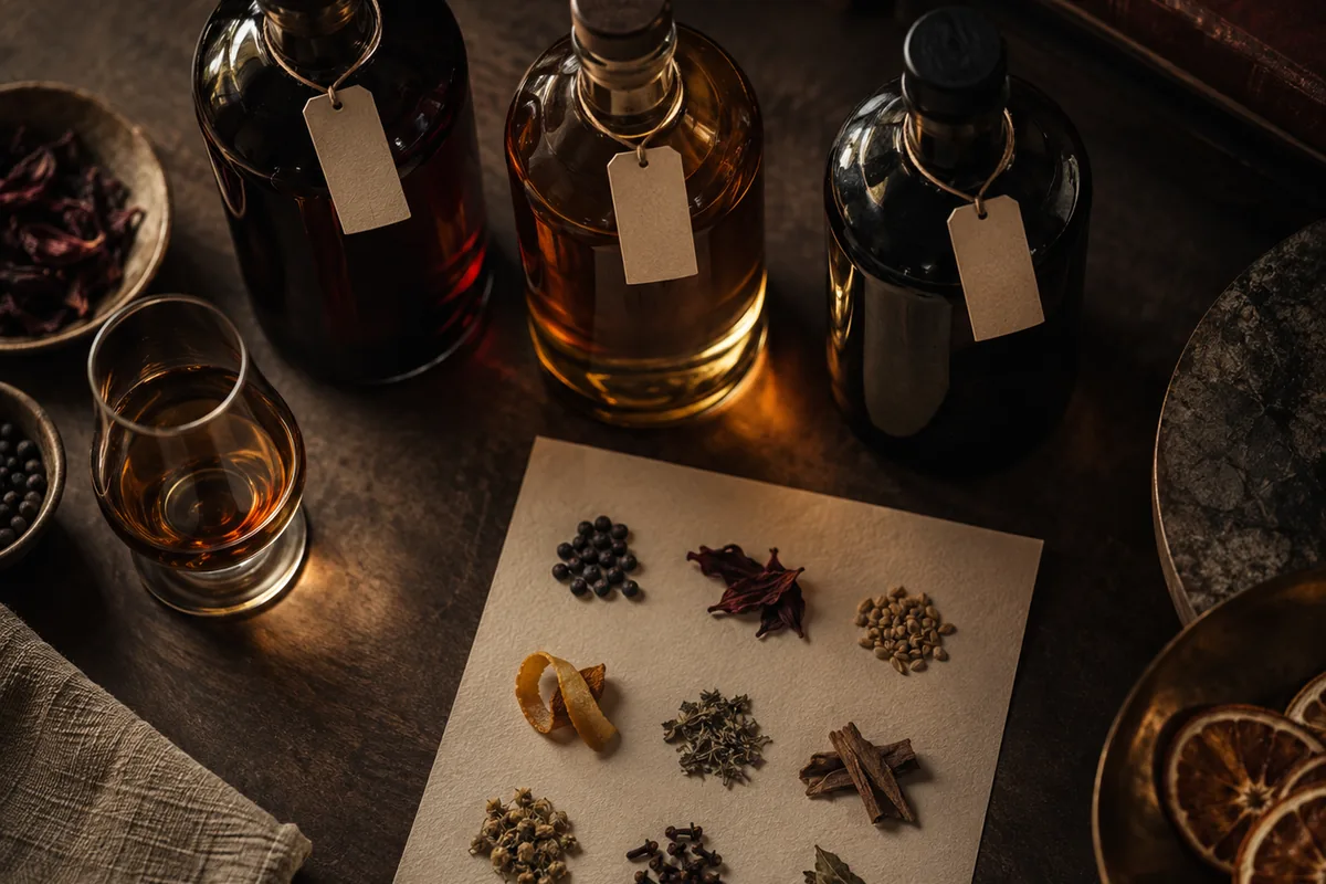 Unbranded liqueur bottle back shown with a tasting glass and ingredient-information area
