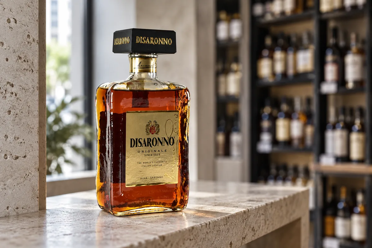 Disaronno Originale amaretto bottle on a pale travertine shelf in a specialist bottle shop.