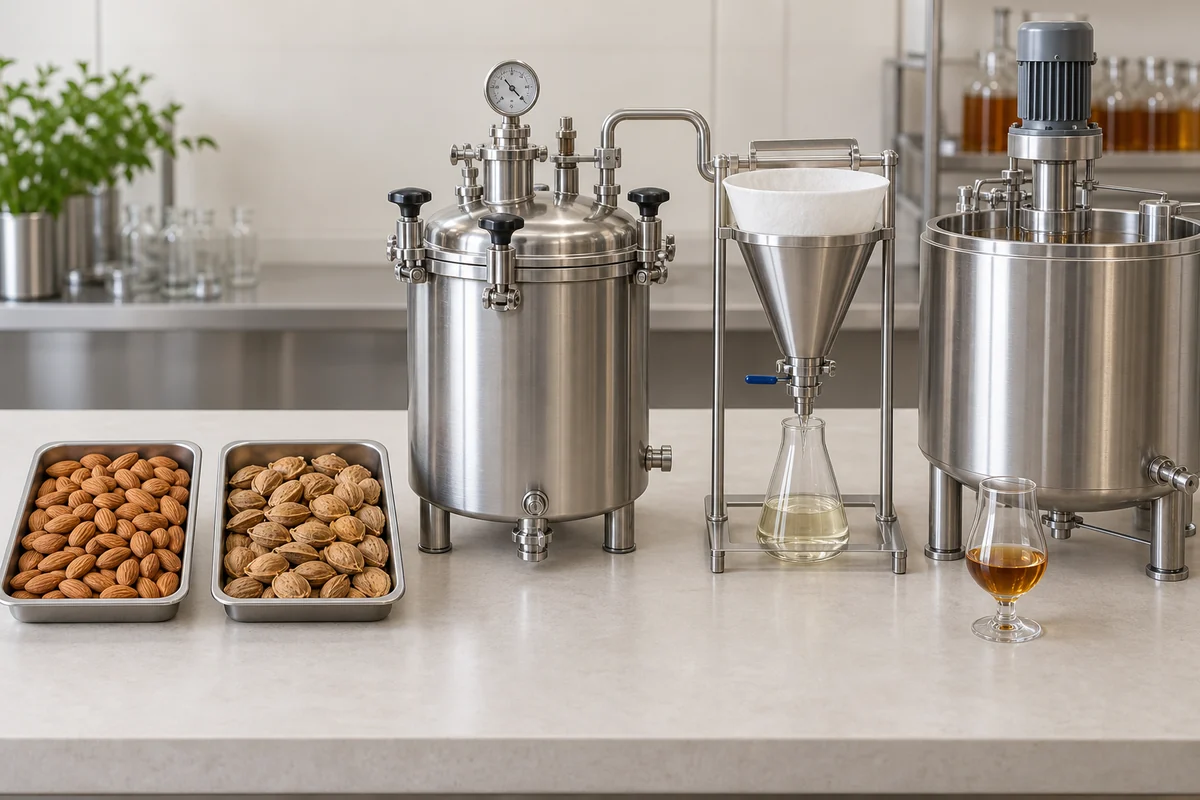 Commercial amaretto production represented by separated flavour materials, sealed extraction, filtration, and blending equipment