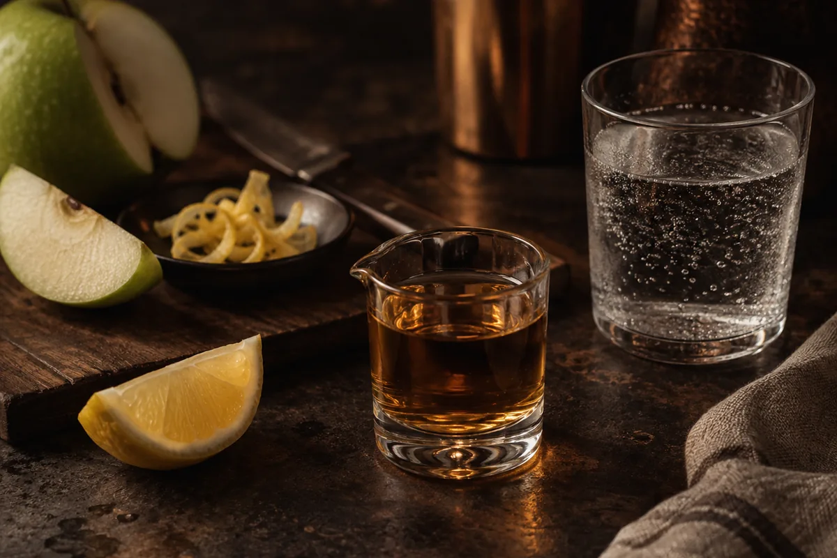 A small apple-liqueur measure with citrus peel and sparkling water in separate unbranded glasses