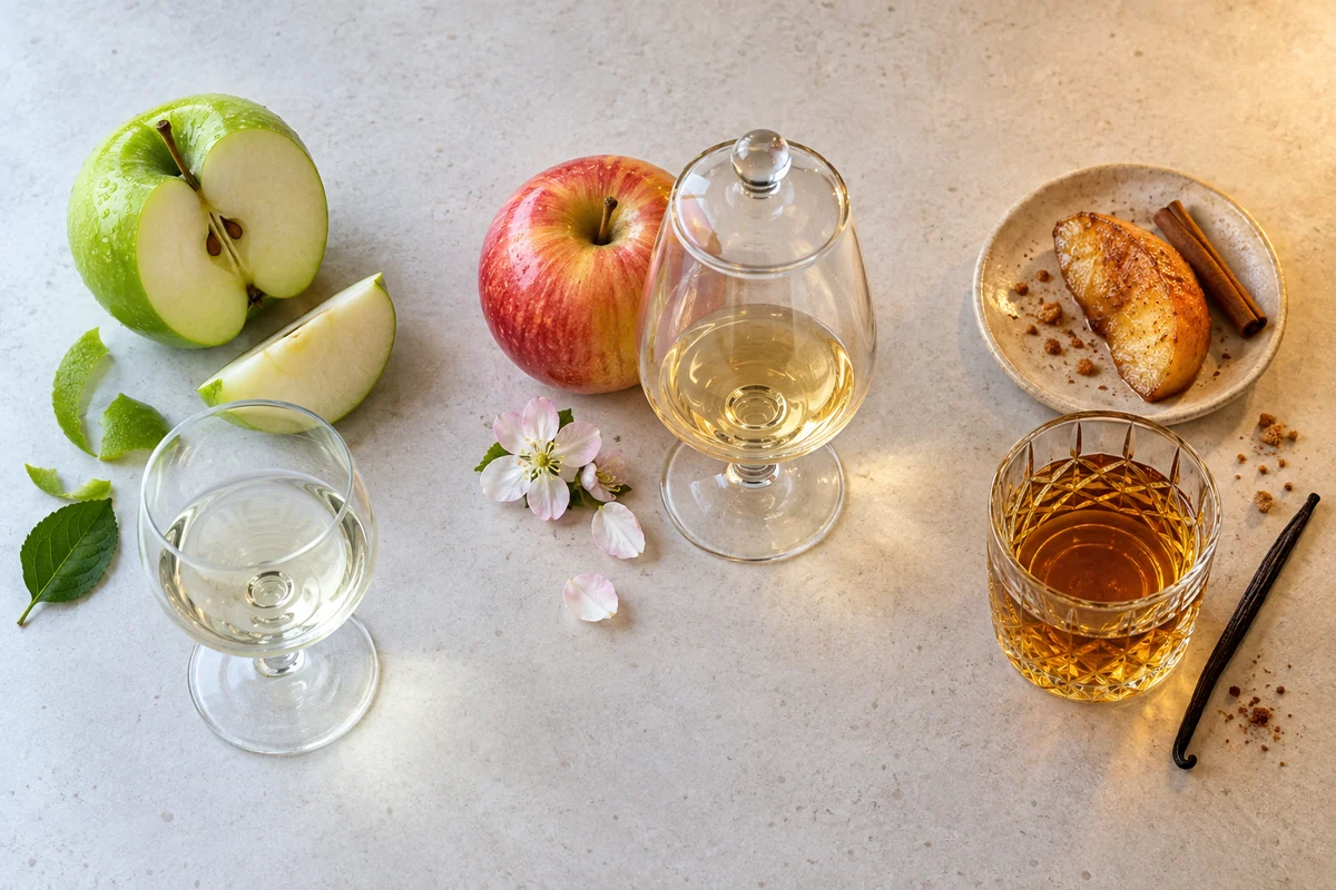 Three separated apple flavour states showing fresh green apple, ripe apple, and baked apple beside different unbranded samples