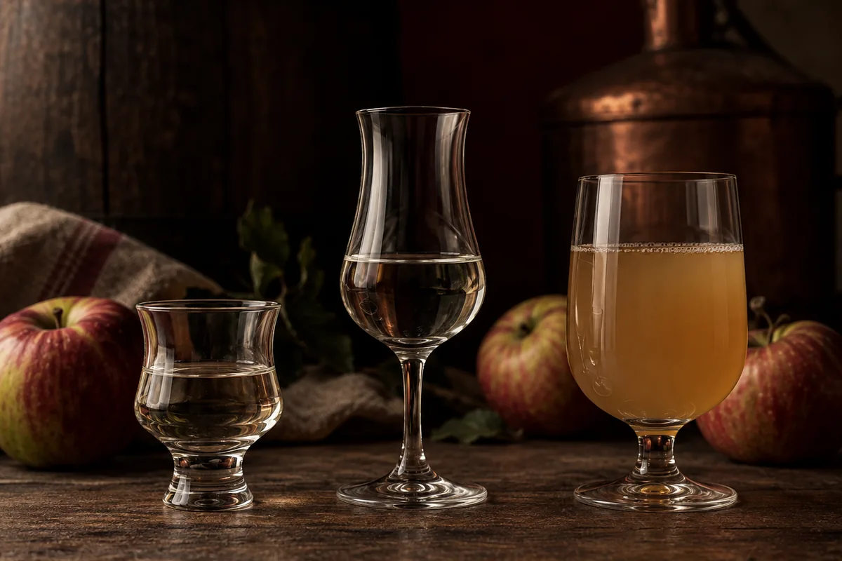 Three unbranded glasses representing apple liqueur, cider and apple spirit with apple materials nearby