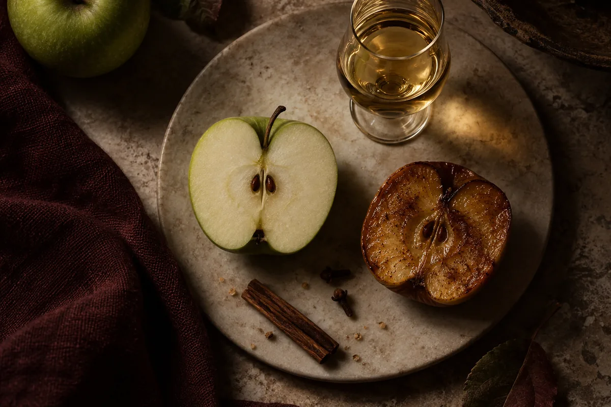 Green apple slices and baked apple pieces beside two small unbranded tasting glasses