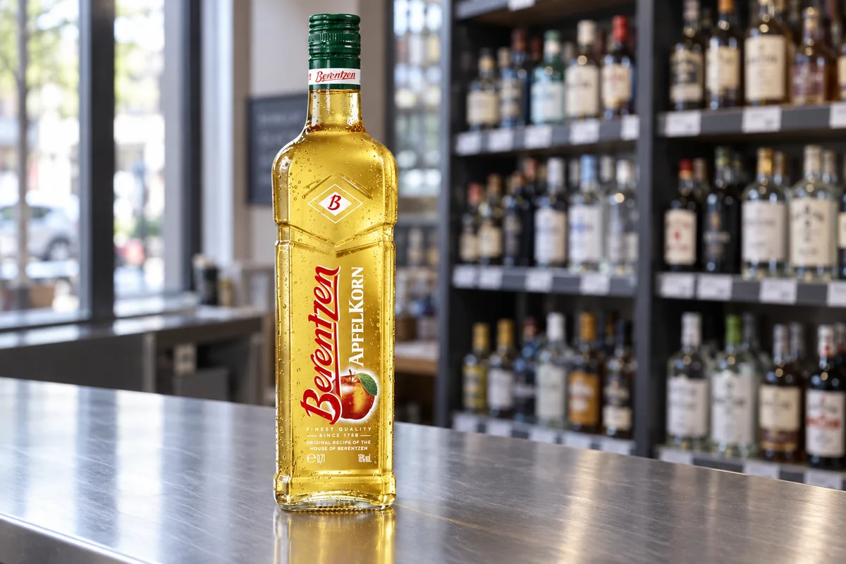 Berentzen Apfelkorn apple liqueur bottle on a brushed-steel counter in a bottle shop.