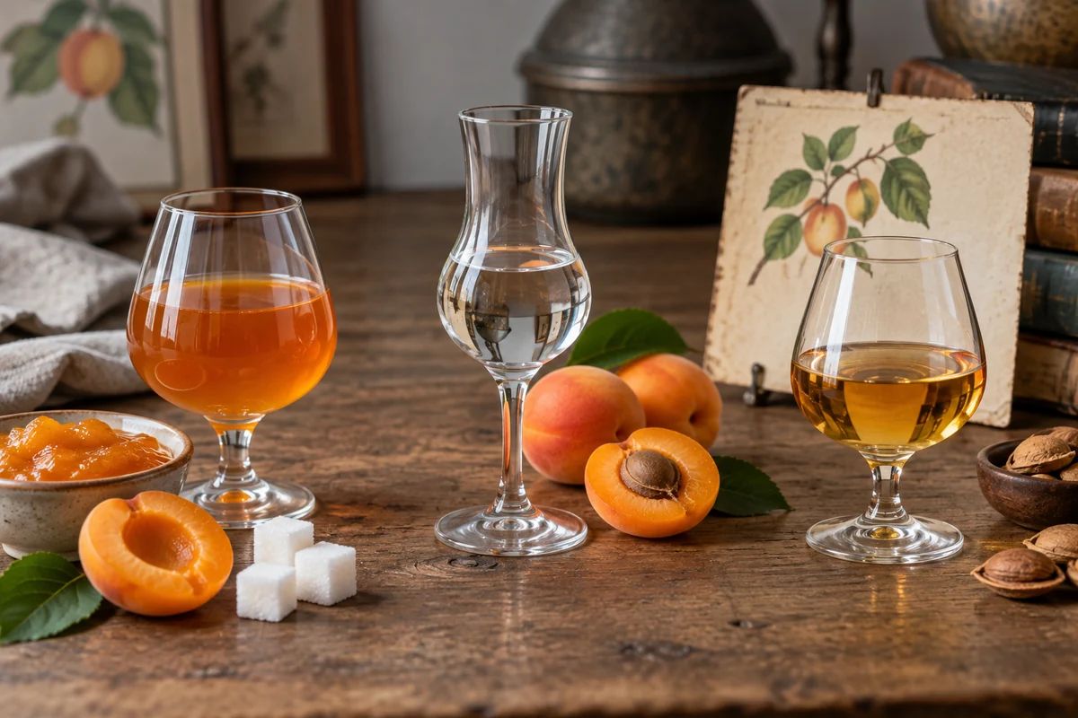 Separated samples representing sweet apricot liqueur, clear apricot spirit, and historical recipe terminology