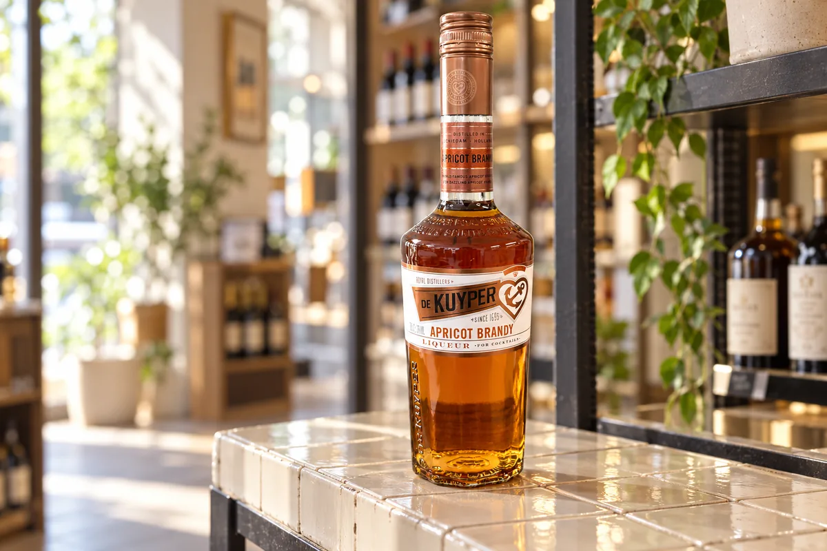 De Kuyper Apricot Brandy liqueur bottle on a cream tiled shelf in a specialist bottle shop.