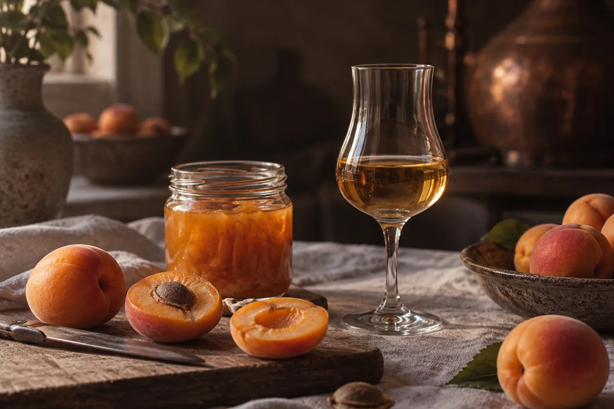 Ripe apricots, split apricot pits and an unbranded liqueur glass arranged separately