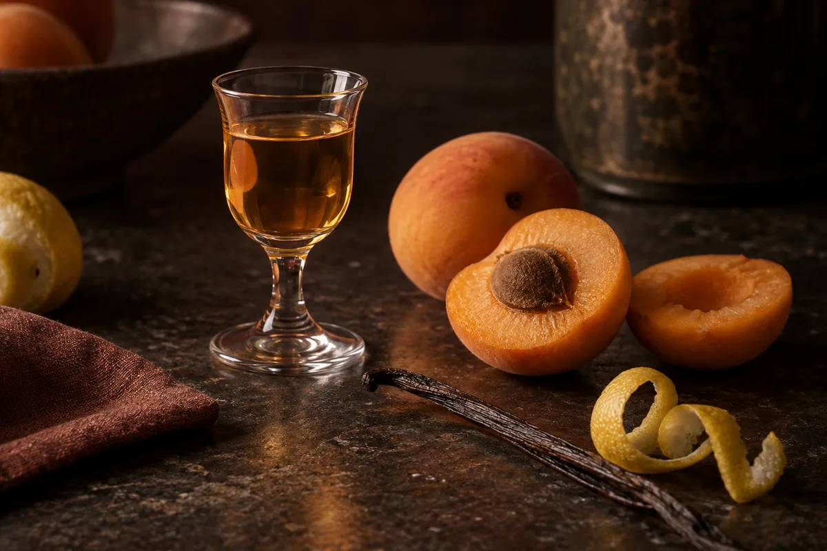 A small apricot-liqueur pour beside lemon peel, tea and ripe stone fruit