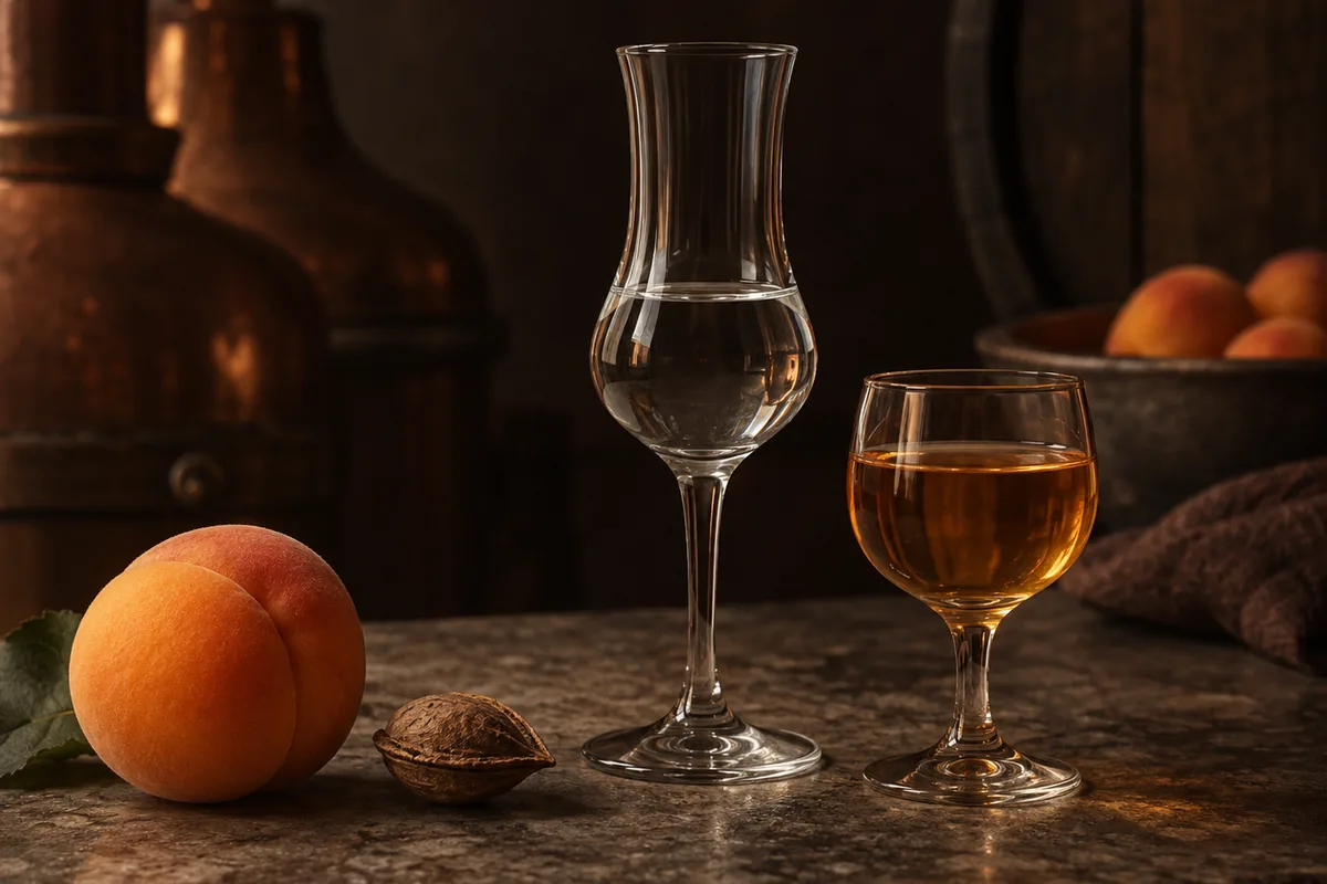 Three unbranded tasting glasses representing apricot liqueur, apricot brandy and fruit eau-de-vie