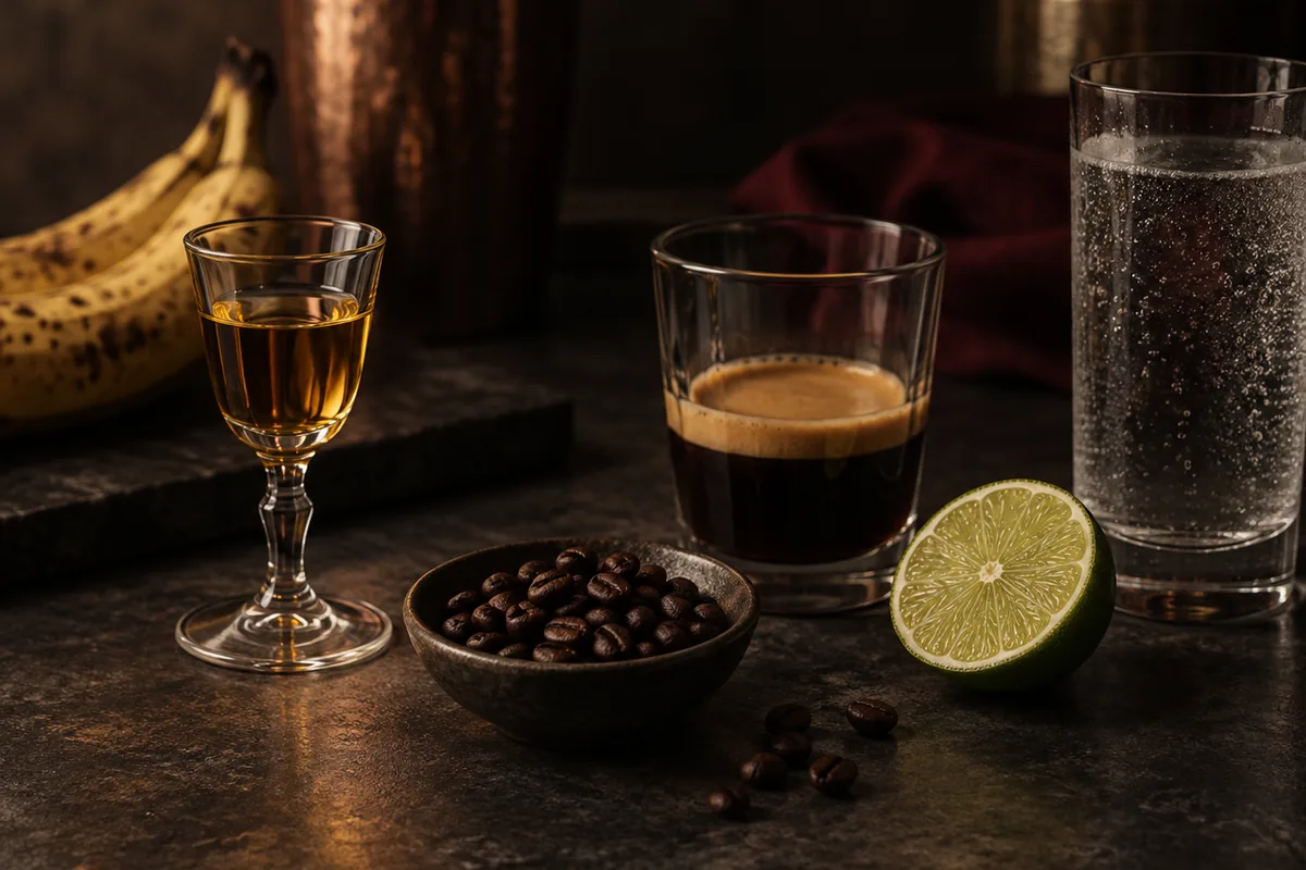 A small banana-liqueur measure beside coffee beans, cocoa and citrus peel