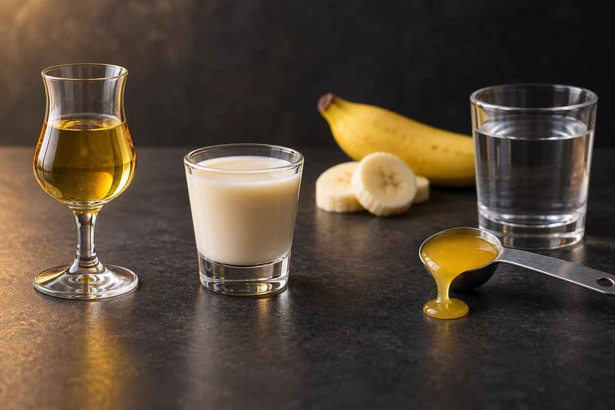 Separated samples showing clear banana liqueur, opaque banana cream liqueur, and thick nonalcoholic banana syrup