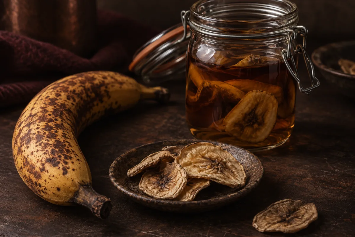 Fresh bananas, dried banana pieces and an unbranded liqueur glass arranged separately