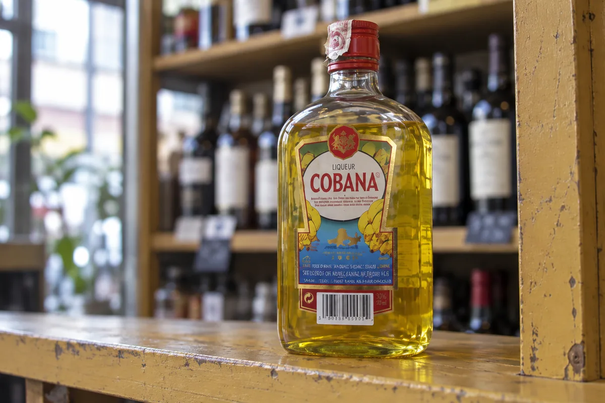 Cobana banana liqueur bottle on a mustard-painted shelf in an independent bottle shop.