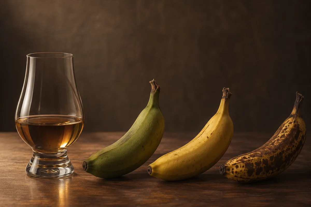 Green-tipped banana and very ripe banana shown beside separate unbranded tasting glasses