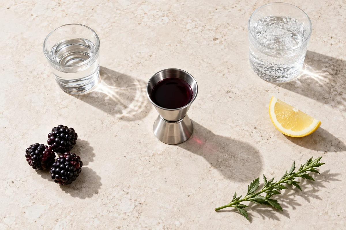 A measured blackberry liqueur sample shown separately with dry spirit, lemon, sparkling water, and a bitter herb