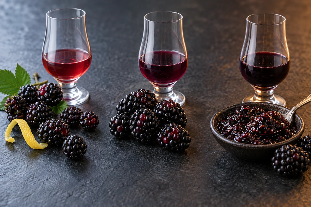 Blackberry liqueur samples progressing from fresh tart berries through ripe fruit to a dark jam-like style