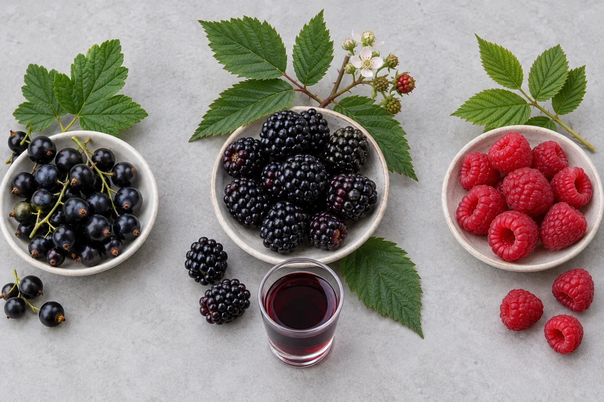 Blackberries shown separately from blackcurrants and raspberries with a dark liqueur sample aligned to the blackberries