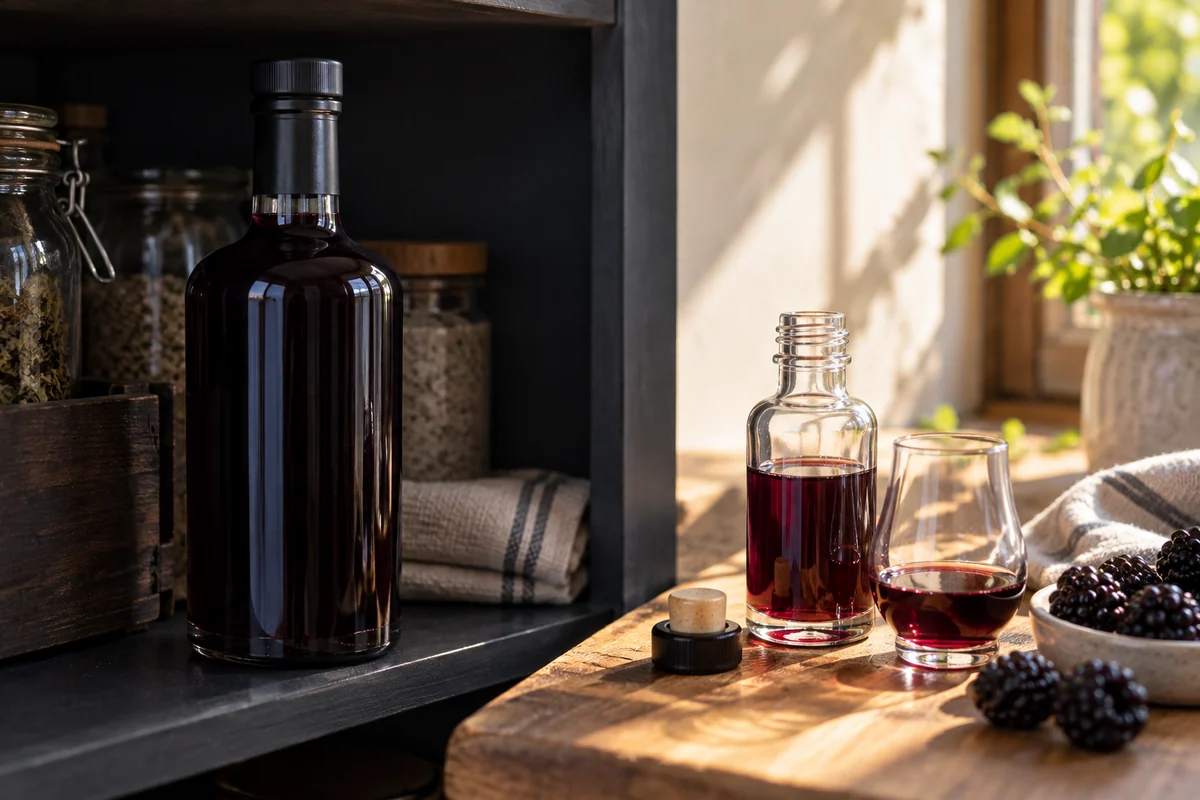 A tightly closed dark bottle stored upright in shade compared with an open blackberry liqueur sample exposed to warm light