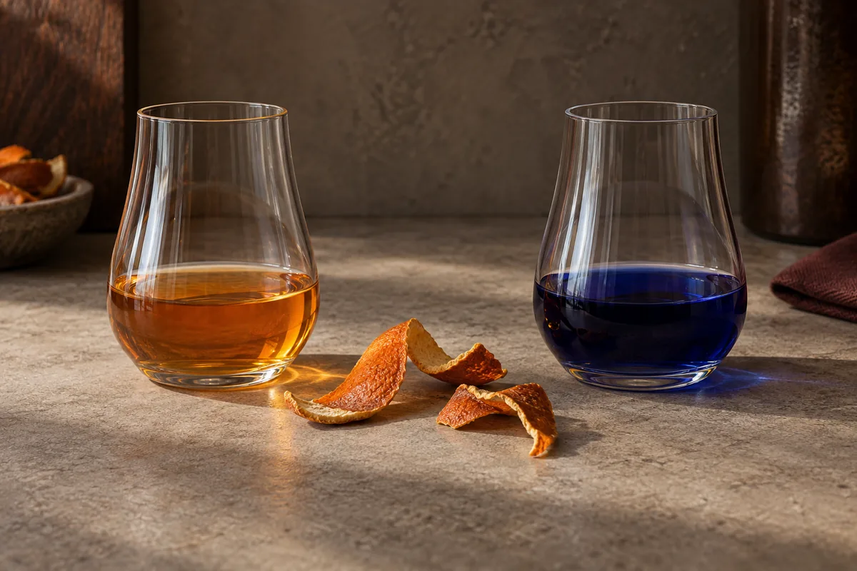 Matching clear and blue orange-liqueur samples at equal fill with dried orange peel between them