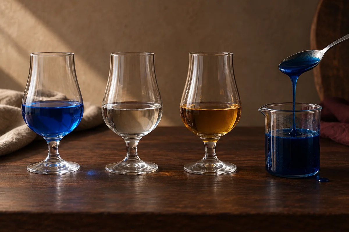 Unbranded samples of blue liqueur, clear orange liqueur, amber dry curaçao, and thick blue syrup in a controlled row
