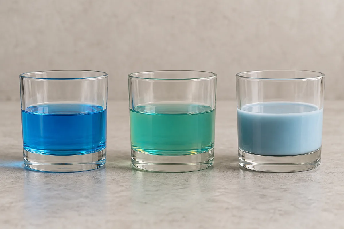 Three matching blue curaçao mixtures showing bright blue, turquoise-green, and muted blue-grey colour states