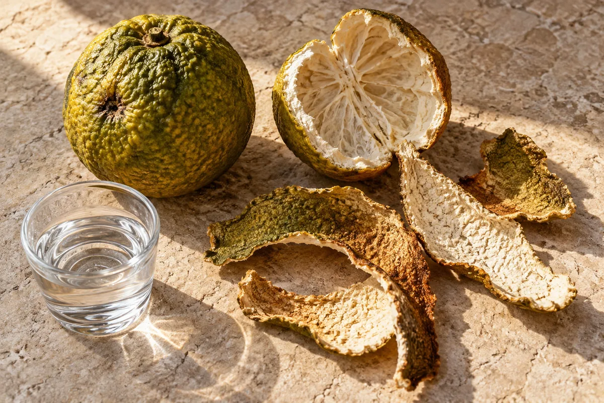 Fibrous bitter orange and broad dried peel pieces beside a small clear distillate sample
