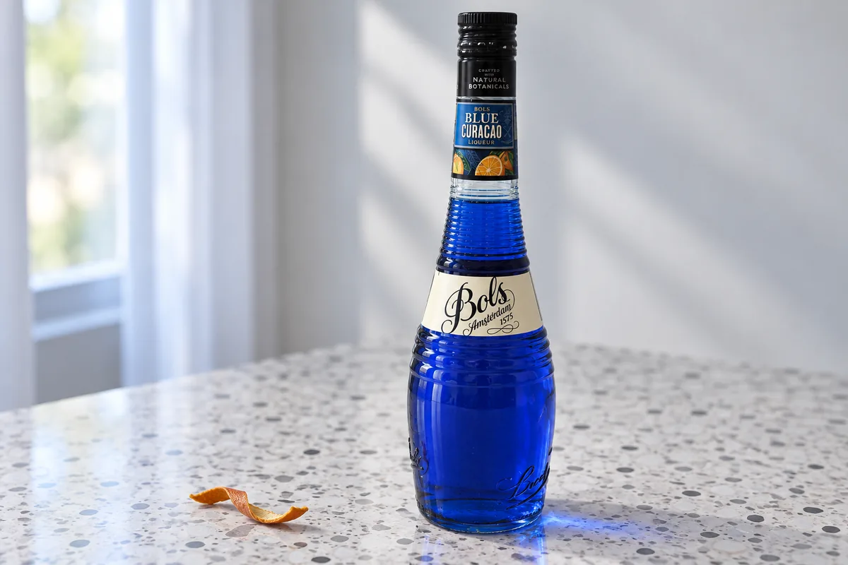 Bols Blue Curaçao liqueur bottle on a pale terrazzo counter beside a strip of dried orange peel.