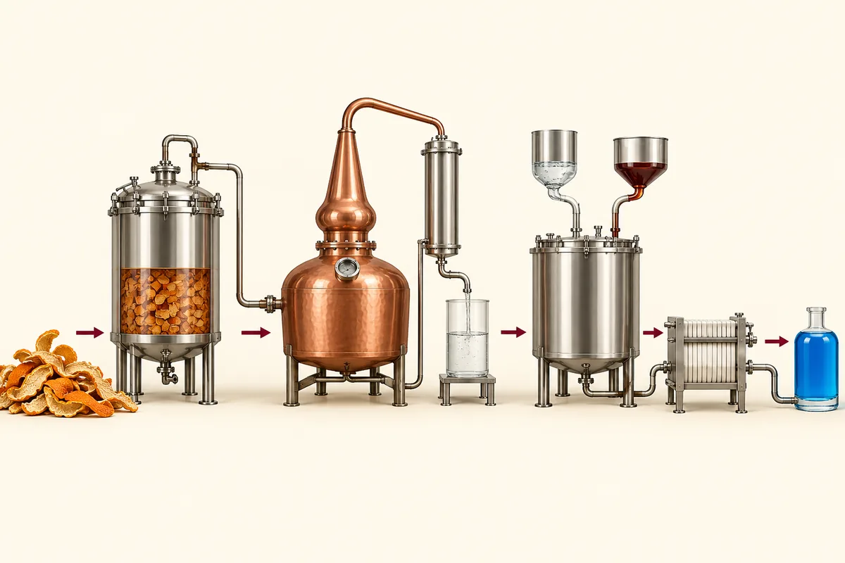 Raster illustration of orange peel extraction, distillation, blending, and blue colouring in professional equipment