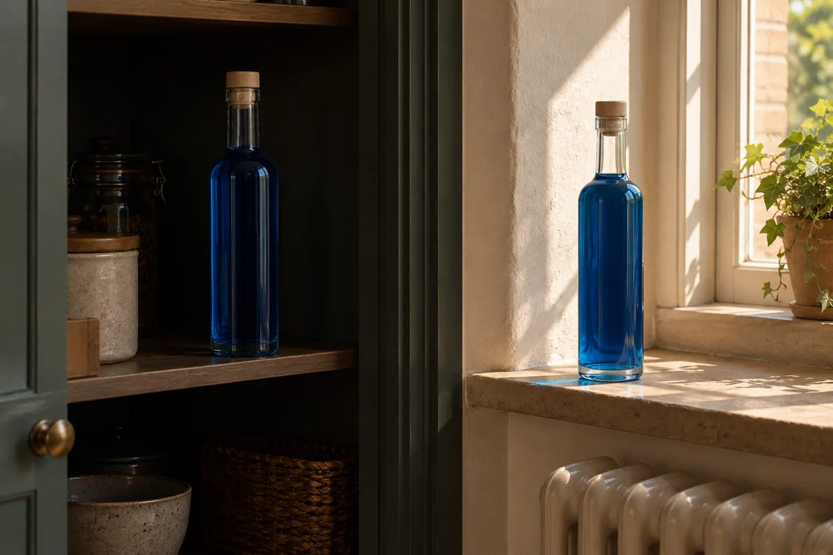 Matching upright blue-liqueur bottles stored in a cool dark cupboard and on a warm sunlit windowsill