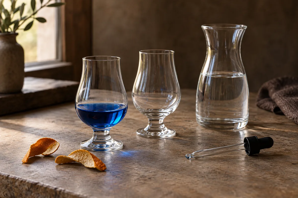 Small blue curaçao sample with an empty tasting glass, water carafe, dropper, and dried orange peel