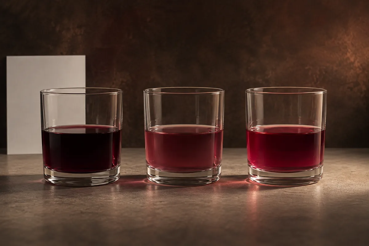 Matched clear glasses showing deep red-purple blueberry liqueur, a paler diluted sample, and a brighter acidic mixed sample