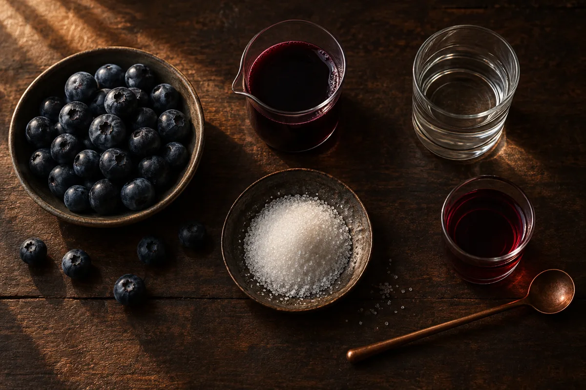 Ripe blueberries, blueberry juice, clear spirit, sugar, and a deep red-purple finished liqueur arranged as distinct inputs