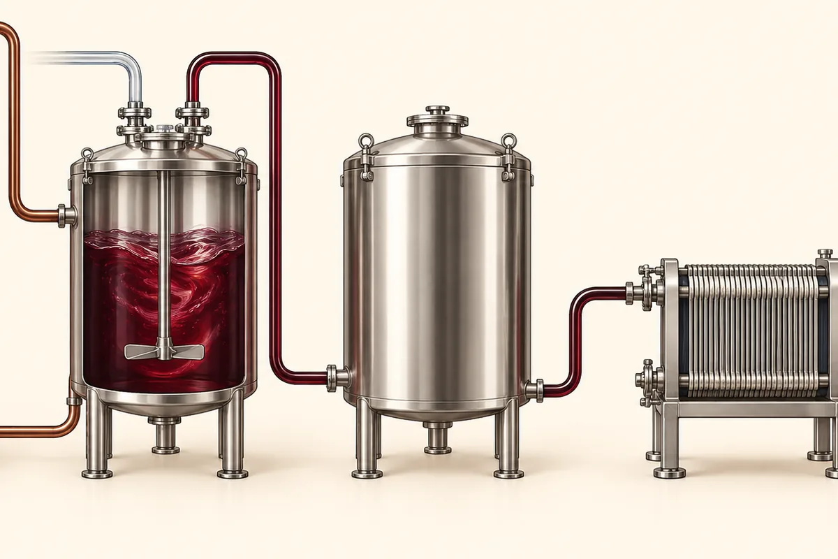 Editorial process illustration showing a blending tank, a separate closed resting tank, and professional plate filtration