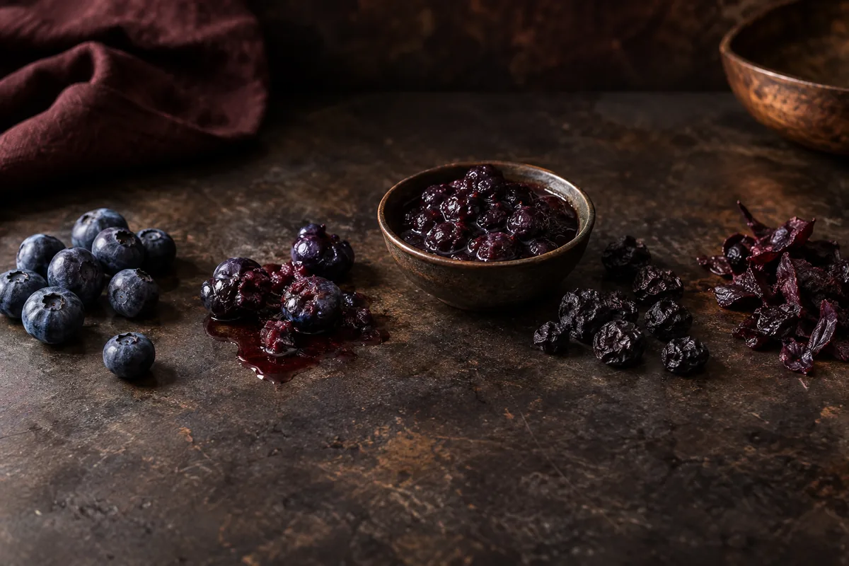 Fresh, crushed, cooked, dried, and pressed blueberry material arranged as separate sensory references