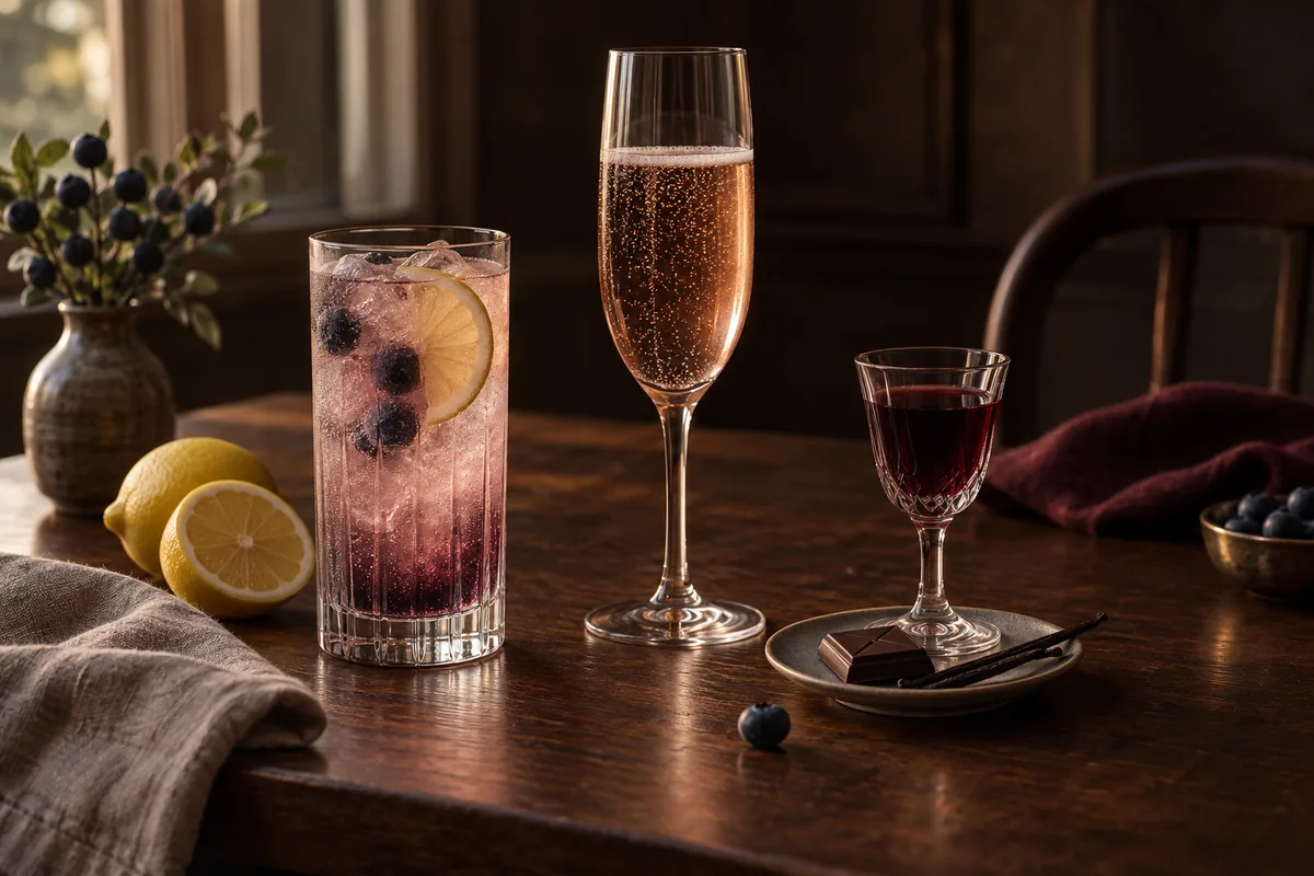Three restrained blueberry liqueur serves showing a citrus highball, a sparkling drink, and a small dessert pairing without branded bottles