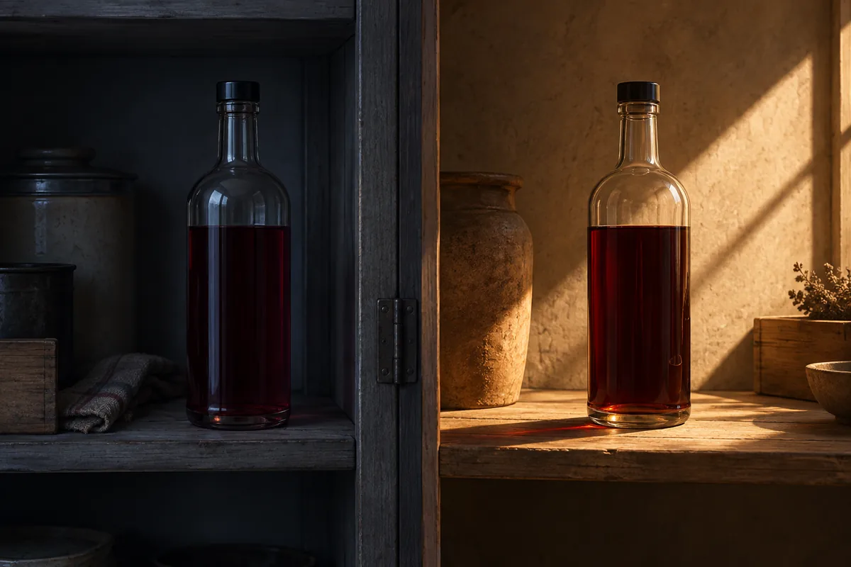 Two-panel storage comparison with an upright sealed liqueur bottle in a dark cupboard and a matching bottle exposed to warm window light