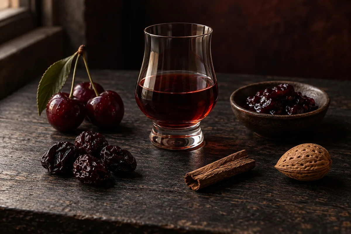 Small unbranded cherry liqueur sample beside fresh sour cherries, dried cherries, dark cherry preserve, a cinnamon fragment, and an intact almond in shell