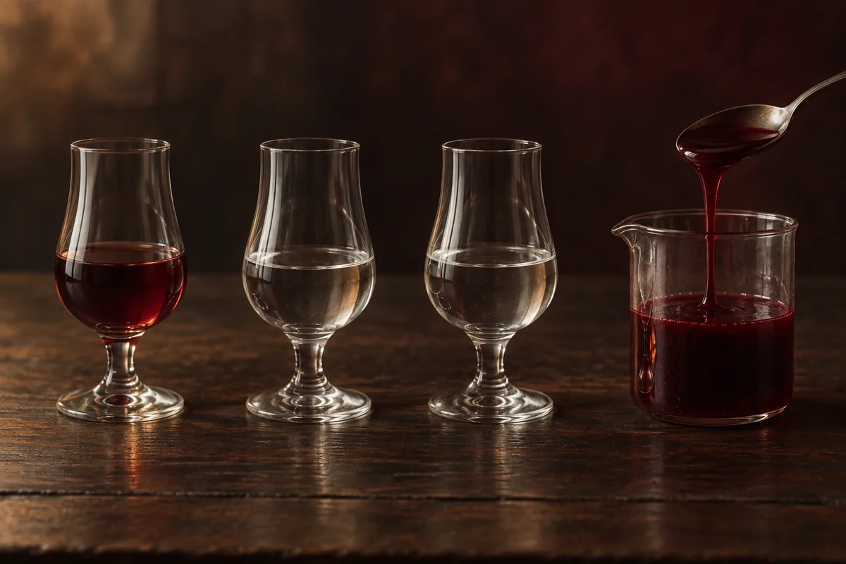Four unbranded samples showing dark red cherry liqueur, clear maraschino style liqueur, clear kirsch, and thick red cherry syrup in matched vessels